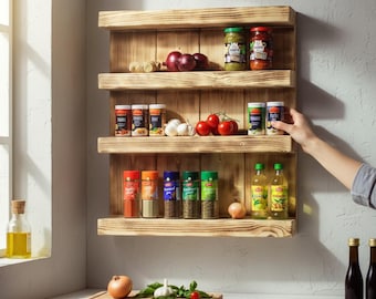 Wooden spice rack "Scady" - for wall mounting or freestanding use - Brown - Flamed finish - 4 shelves -
