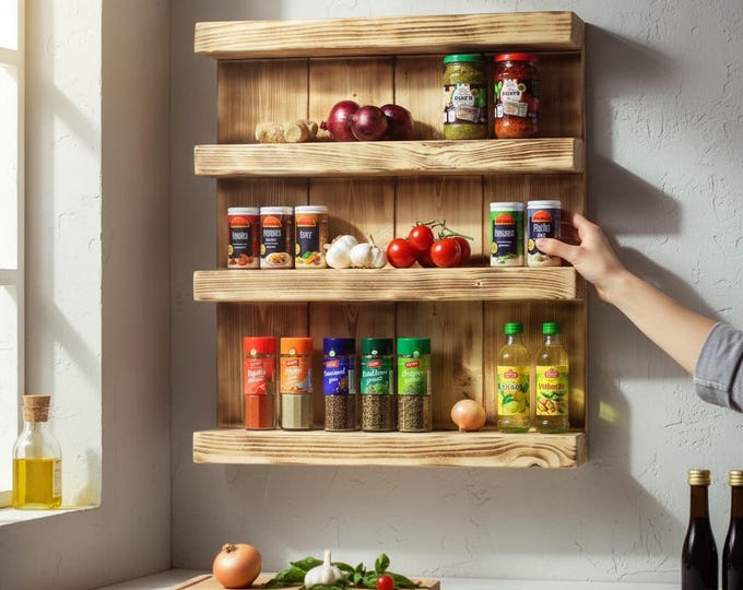 Wooden spice rack "Scady" - for wall mounting or freestanding use - Brown - Flamed finish - 4 shelves -
