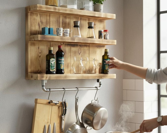 Kitchen shelf made of solid wood -Brown (flamed) 12 cm x 60 - 79 cm x 59 cm Vintage spice rack for the wall including a suspension for pots.