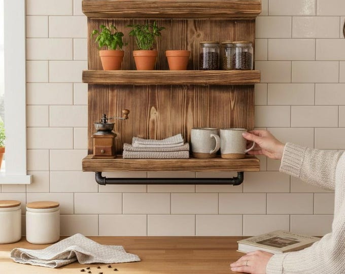 Kitchen shelf made of solid wood -Brown (flamed) 12 cm x 60 - 79 cm x 59 cm Vintage spice rack for the wall including a suspension for pots.
