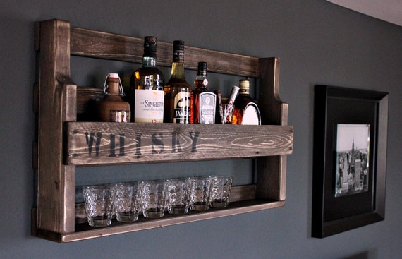 Whiskey Shelf Wood With Whiskey Glass Holder and Lettering Ready Mounted  Brown Industrial STYL 