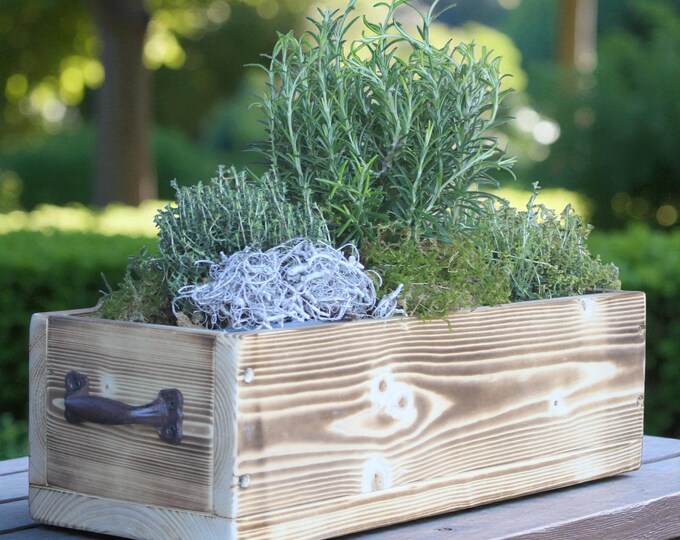 Flower box "The Original by Dekorie" made of wood with iron handles 30 - 90 cm wide / 19.5 cm deep / in flamed finish