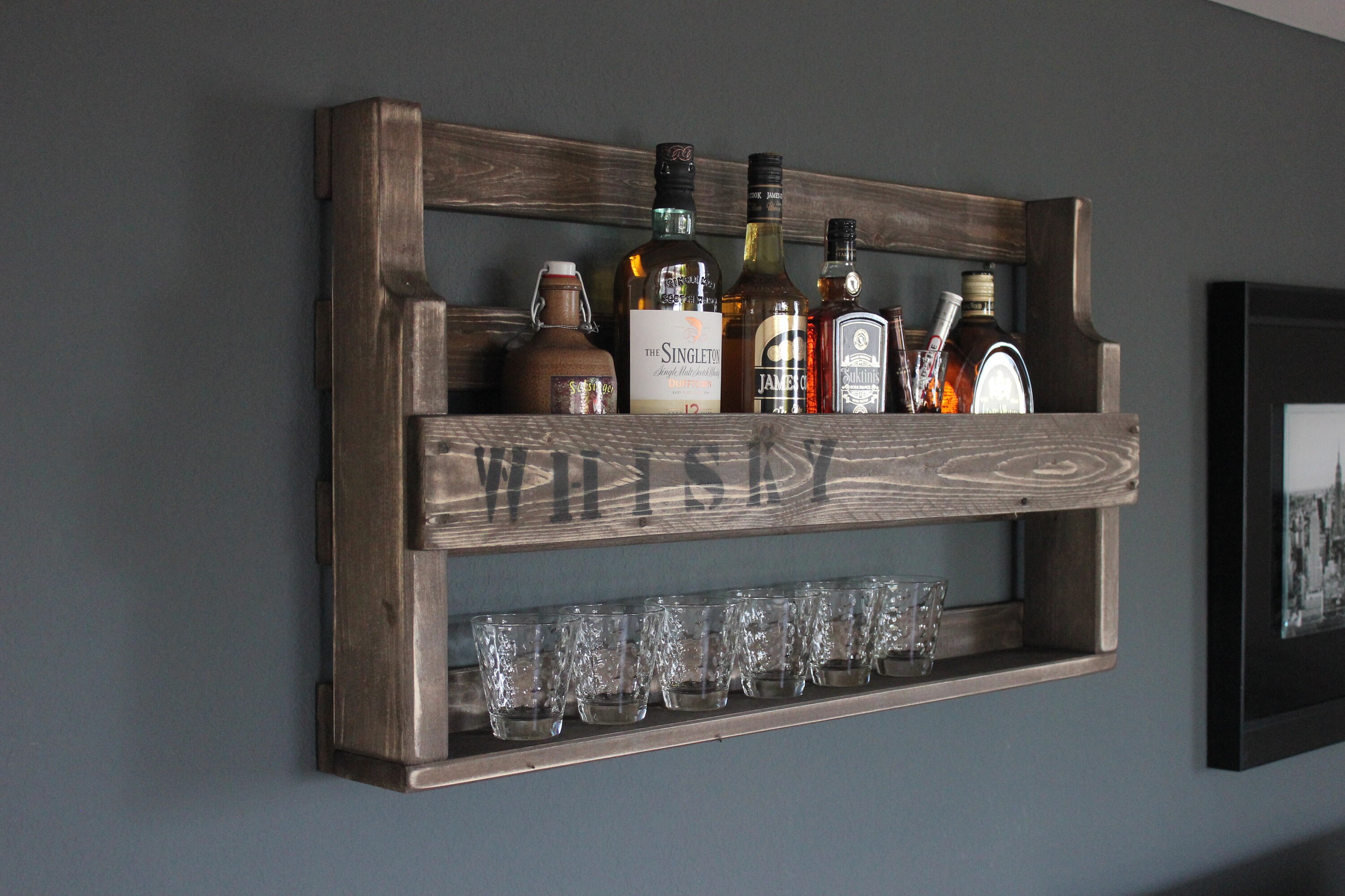 Wooden whiskey shelf with glass holder and lettering-ready ...