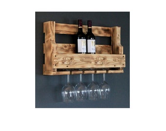 Botellero de madera para pared - con portavasos - marrón (flameado) - completamente montado - estante para botellas y copas de vino