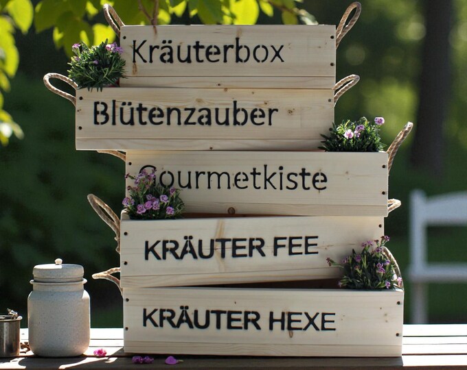 Flower box "The Original by Dekorie" made of wood with lettering and jute handles, 50-90 cm wide / 19.5 cm deep / in natural finish