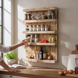 Étagère à épices en bois pour la cuisine – Étagère murale à 5 niveaux – Bois flammé – Étagère de cuisine style campagnard – Étagère de salle de bain marron
