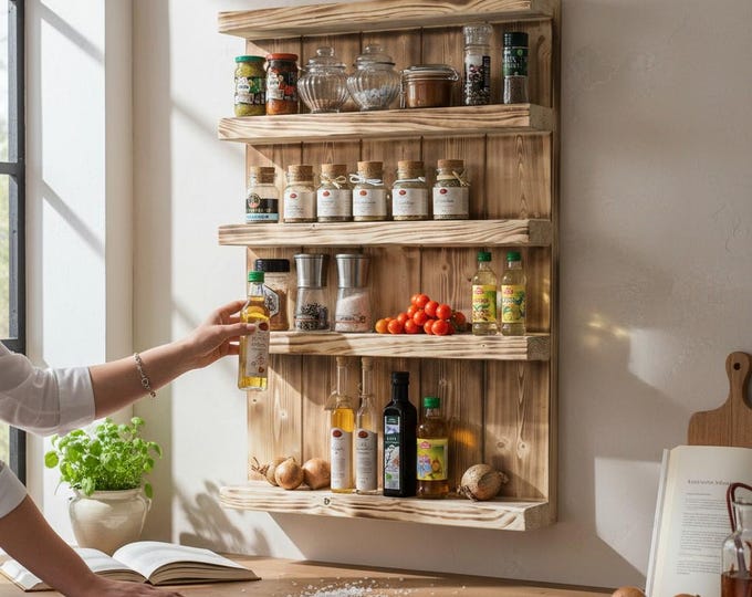 Wooden spice rack - for wall mounting or standing - brown (flamed) - 5 shelves - 90 x 60 x 12 cm - solid wood
