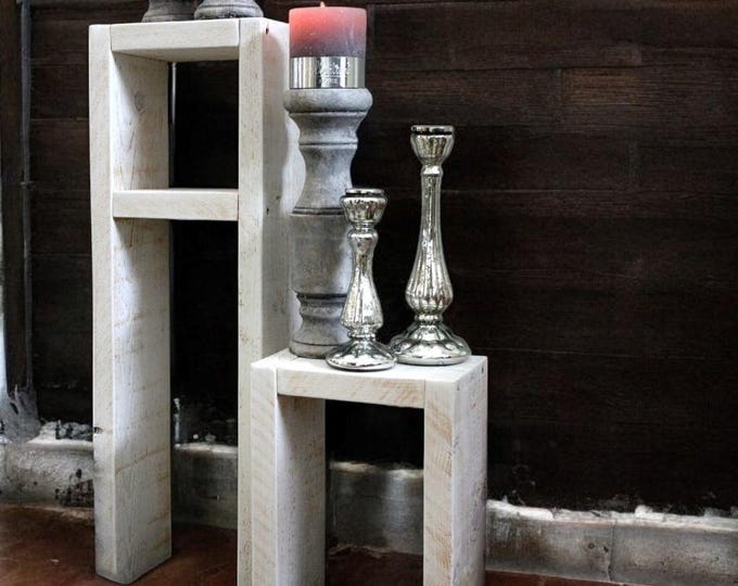 Side table stool Candlestick shelf Floral table set of wooden vintage shabby white