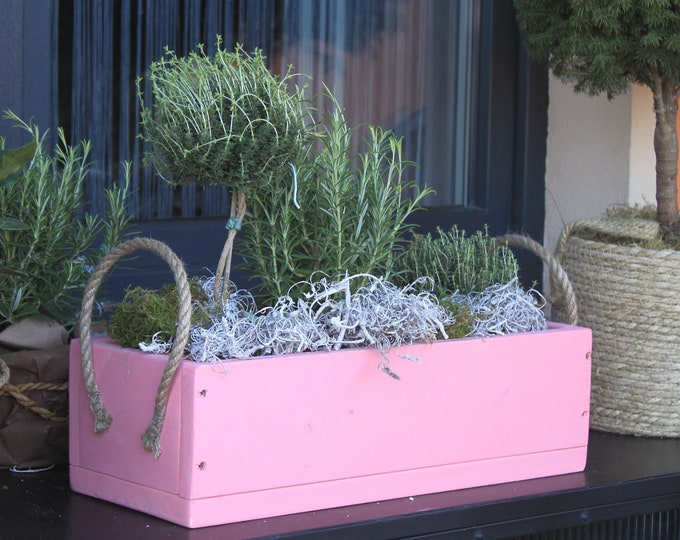 Flower box " The original by Dekorie " made of wood with linen handles 30 - 90 cm wide / 19.5 cm deep / in pink / pink