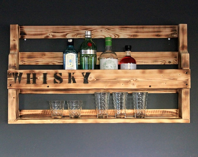 Whisky shelf made of wood - with glass holder and WHISKY lettering - Flamed - Industrial style - ready assembled - Wall bar - Whisky shelf