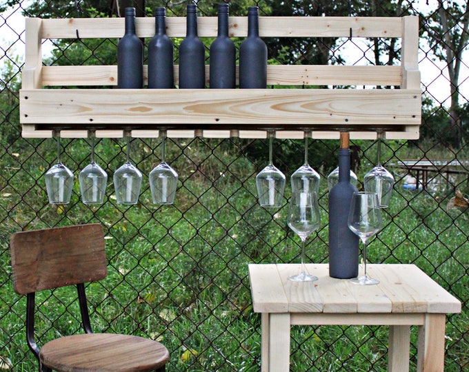 High quality wooden wine rack for the wall - with glass holder - nature - ready assembled - shelf for wine bottles and wine glasses