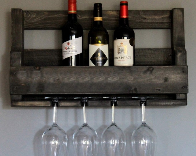 Wooden wine rack for the wall - with glass holder - black - ready assembled - rack for wine bottles and wine glasses