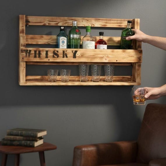 Houten whiskyplank - met glashouder - wit, bruin of zwart - met of zonder opdruk - industriële stijl - klaar voor montage - wandbar - houten whiskyplank