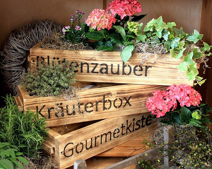 Flower box made of flamed wood with wooden handles / width 50 - 90 cm / depth 15 cm / with print