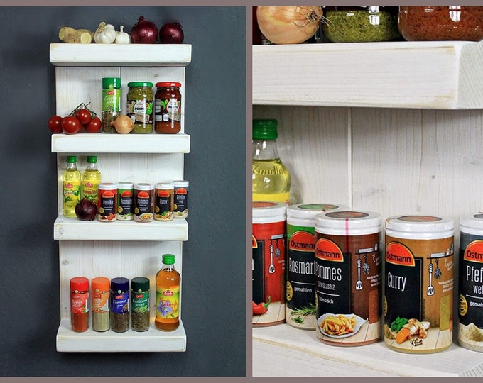 Wooden spice rack - for the wall or standing - whitewashed - 4 shelves - 65 x 24 - 72 x 12 cm - solid wood