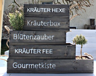 Blumenkasten " Das Original von Dekorie " aus Holz mit Schriftzug und Jute Griffen 50 - 90 cm breit / 19,5 cm tief / in schwarz
