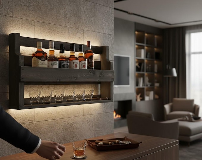 Whiskey shelf wine glass whiskey glass holder bottle rack wood black vintage shabby ready assembled