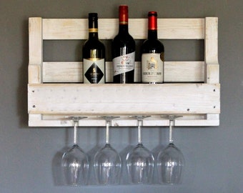 Casier à vin en bois pour le mur - avec support en verre - Blanc - prêt à l’emploi - étagère pour bouteilles de vin et verres à vin