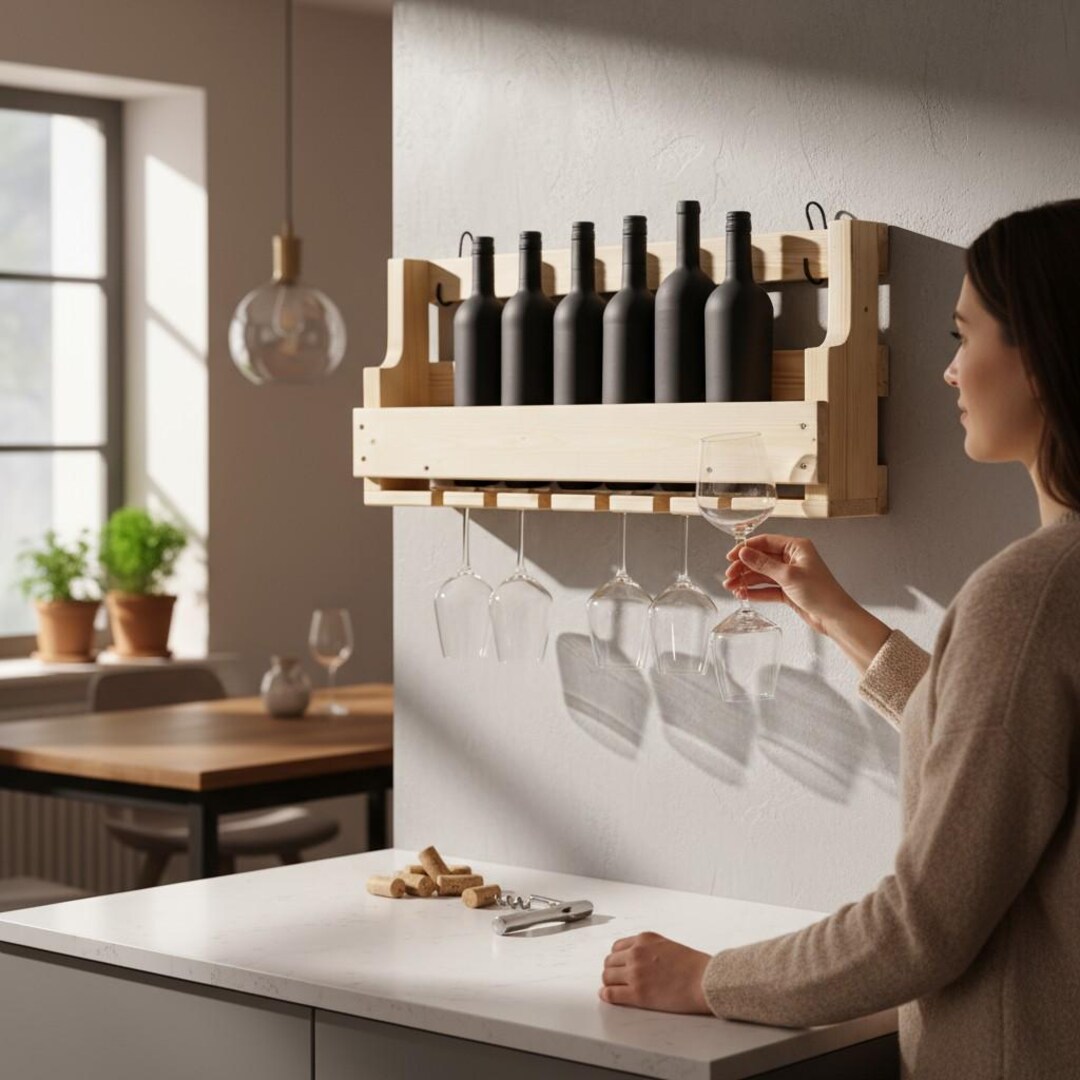 Wijnrek Wandmontage Wijnhouder Metaal en Hout, Wit | wijnopbergrek wijnfles houder met glashouder hangende glaswerk rekken bar muur wijn decor/wit / 60 * 20 * 61cm