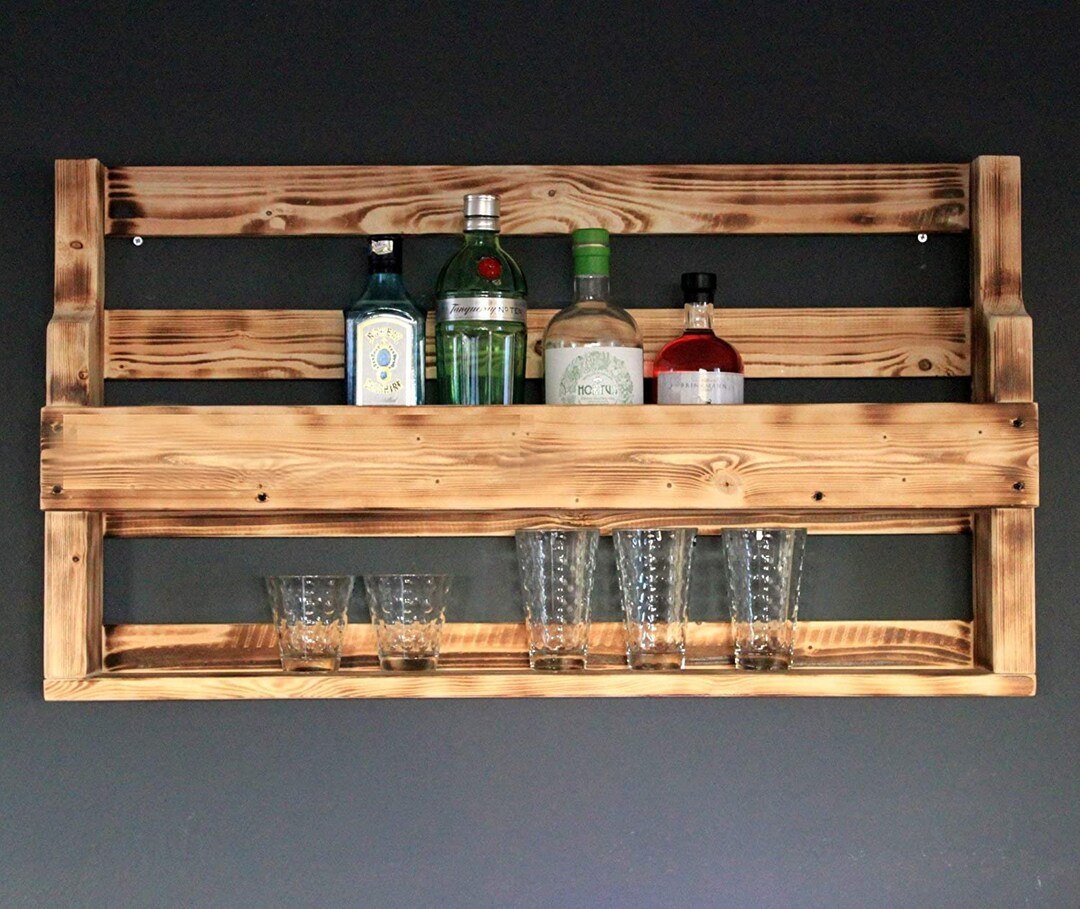 Wooden Whisky Rack - With Glass Holder - Flamed Finish - Industrial ...
