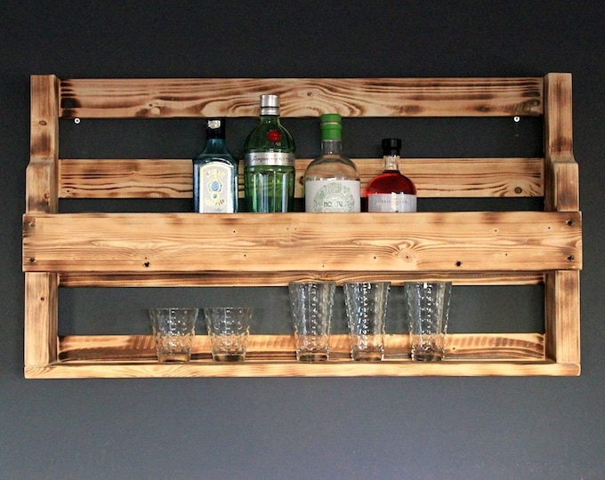 Whisky shelf made of wood - with glass holder - flamed - industrial style - fully assembled - wall bar - whisky shelf made of wood