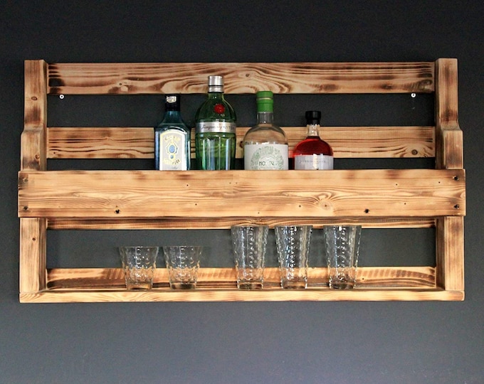 Whisky shelf made of wood - with glass holder - Flamed - Industrial style - ready assembled - Wall bar - Whisky shelf made of wood