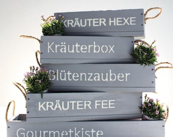 Blumenkasten " Das Original von Dekorie " aus Holz mit Schriftzug und Jute Griffen 50 - 90 cm breit / 19,5 cm tief / in grau