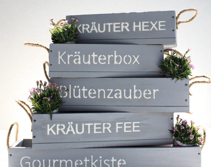Wooden flower box "The Original by Dekorie" with lettering and jute handles, 50-90 cm wide / 19.5 cm deep / in grey