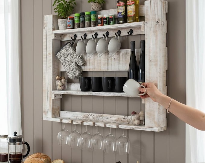 Kitchen shelf made of solid wood - White - Dimensions (HxWxD): 80 cm x 95 cm x 12 cm - Vintage wall shelf for spices, glasses and cups