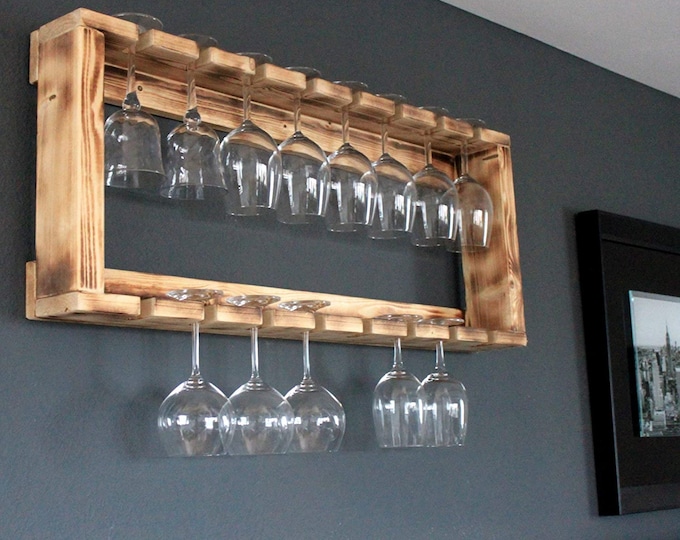 Wine glass rack made of solid wood - Colour: Flamed - 36 cm x 90 cm x 12 cm - Vintage wine glass & champagne glass rack to match wine rack