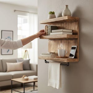 Puede incluir: Estantería de pared rústica de madera con tres estantes. Los estantes contienen libros, una taza, una pequeña planta y un jarrón decorativo. Una toalla blanca cuelga de una barra de metal negro. Un smartphone se está cargando.
