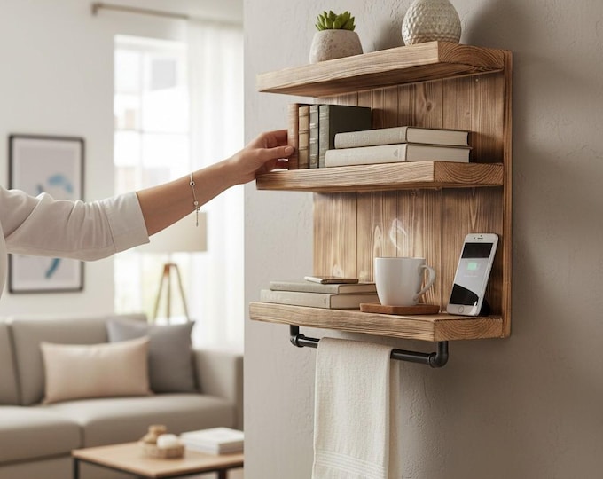 Kitchen shelf made of solid wood -Brown (flamed) 12 cm x 60 - 79 cm x 59 cm Vintage spice rack for the wall including a suspension for pots.