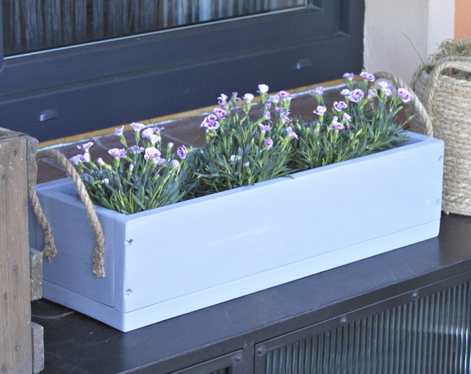 Flower box " The original by Dekorie " made of wood with linen handles 30 - 90 cm wide / 19.5 cm deep / in gray