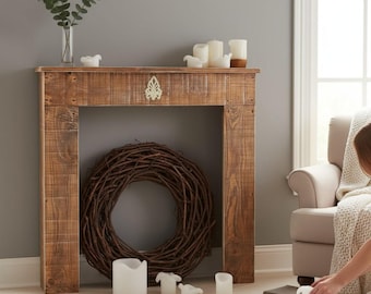 Kaminumrandung Dekokamin Kaminsims Massivholz Antik braun fertig montiert