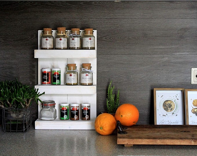 Wooden Spice Rack - Wall Mounted or Freestanding - White Vintage - 3 Shelves