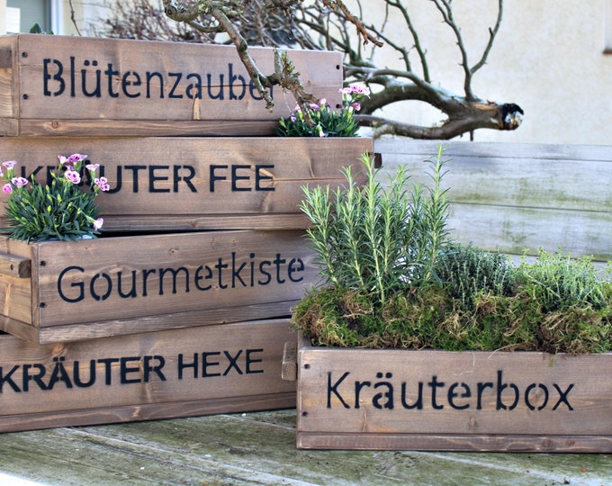 Flower box " The original by Dekorie " made of wood with lettering and wooden handles 50 - 90 cm wide / 19.5 cm deep / in brown