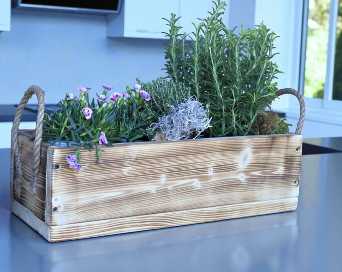 Flower box "The Original by Dekorie" made of wood with linen handles 30 - 90 cm wide / 19.5 cm deep / in flamed finish