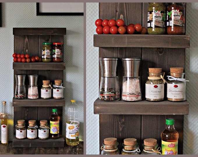 Spice rack made of wood - for the wall or standing - Braun Vintage- 4 shelves - 65 x 24 - 72 x 12 cm - Solid wood