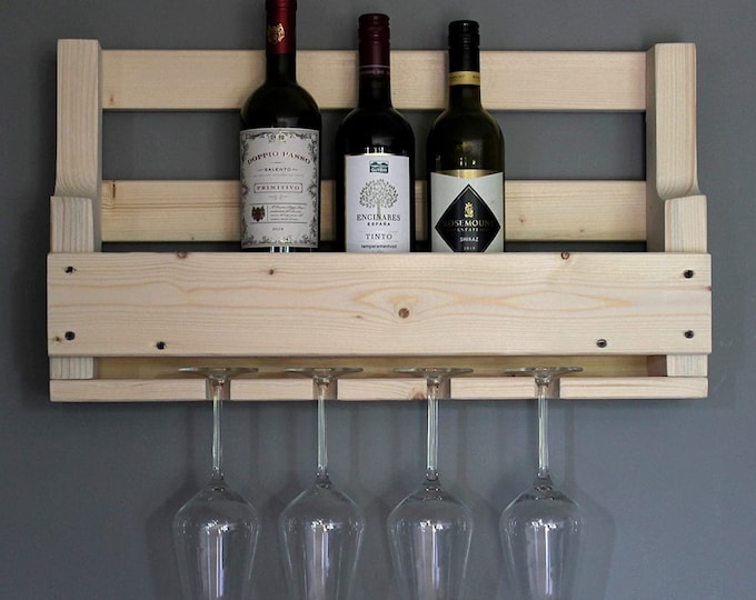 High quality wooden wine rack for the wall - with glass holder - nature - ready assembled - shelf for wine bottles and wine glasses