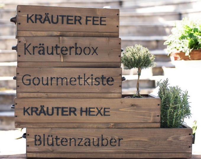 Flower box "The Original by Dekorie" made of wood with lettering and iron handles 50 - 90 cm wide / 19.5 cm deep / in brown