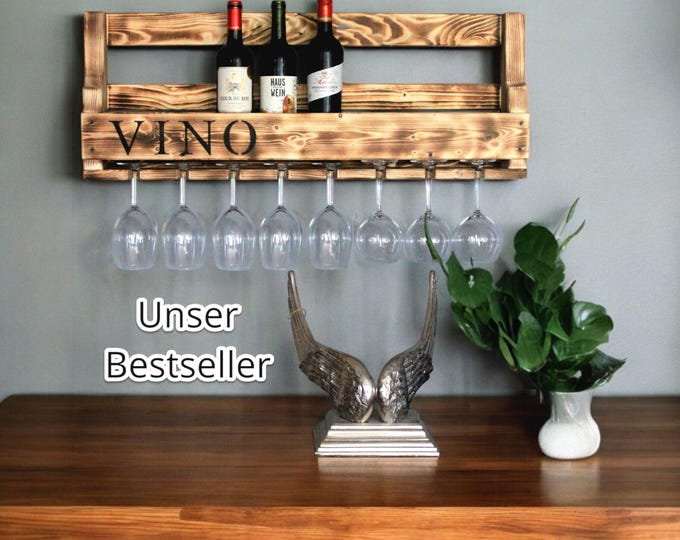 Wooden wine rack for the wall - with glass holder and VINO lettering - Flamed - ready assembled - Shelf for wine bottles and wine glasses