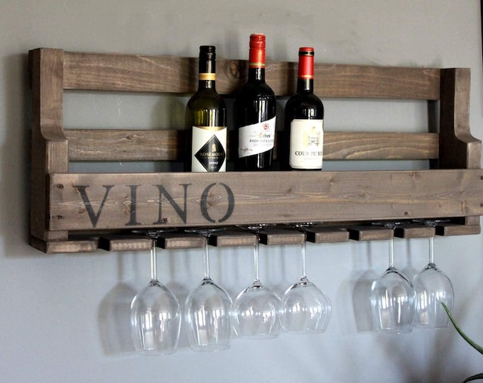 Wooden wine rack for the wall - with glass holder with VINO logo - brown - ready assembled - rack for wine bottles and wine glasses