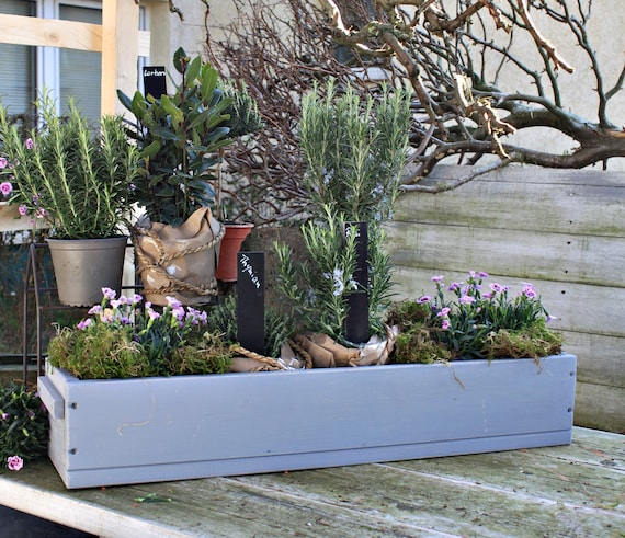 Blumenkasten " Das Original von Dekorie " aus Holz mit Holz Griffen 30 - 90  cm breit / 19,5 cm tief / in grau
