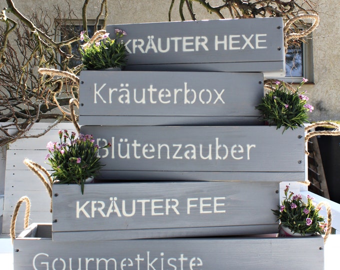 Flower box "The Original by Dekorie" made of wood with lettering and jute handles 50 - 90 cm wide / 19.5 cm deep / in grey