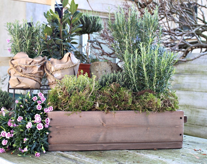 Flower box " The original by Dekorie " made of wood with wooden handles 30 - 90 cm wide / 19.5 cm deep / in brown