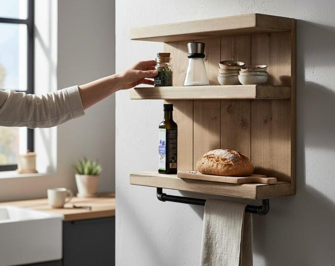 Kitchen shelf made of solid wood -Brown (flamed) 12 cm x 60 - 79 cm x 59 cm Vintage spice rack for the wall including a suspension for pots.