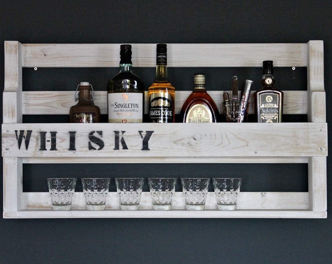Whisky shelf made of wood - with glass holder and WHISKY lettering - White - Industrial style - ready assembled - Wall bar - Whisky shelf made of wood