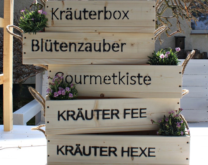 Flower box " The original by Dekorie " made of wood with lettering and jute handles 50 - 90 cm wide / 19.5 cm deep / in nature