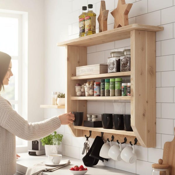 Holz Küchenregal für Gewürze natur Shabby Vintage fertig montiert