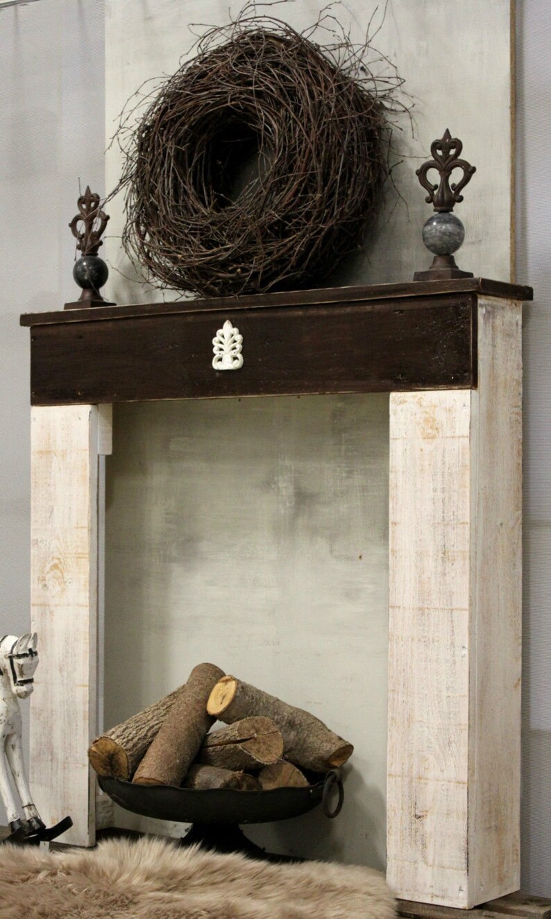 Kaminumrandung Shabby Antik Weiß Braun Kaminkonsole vintage | Etsy